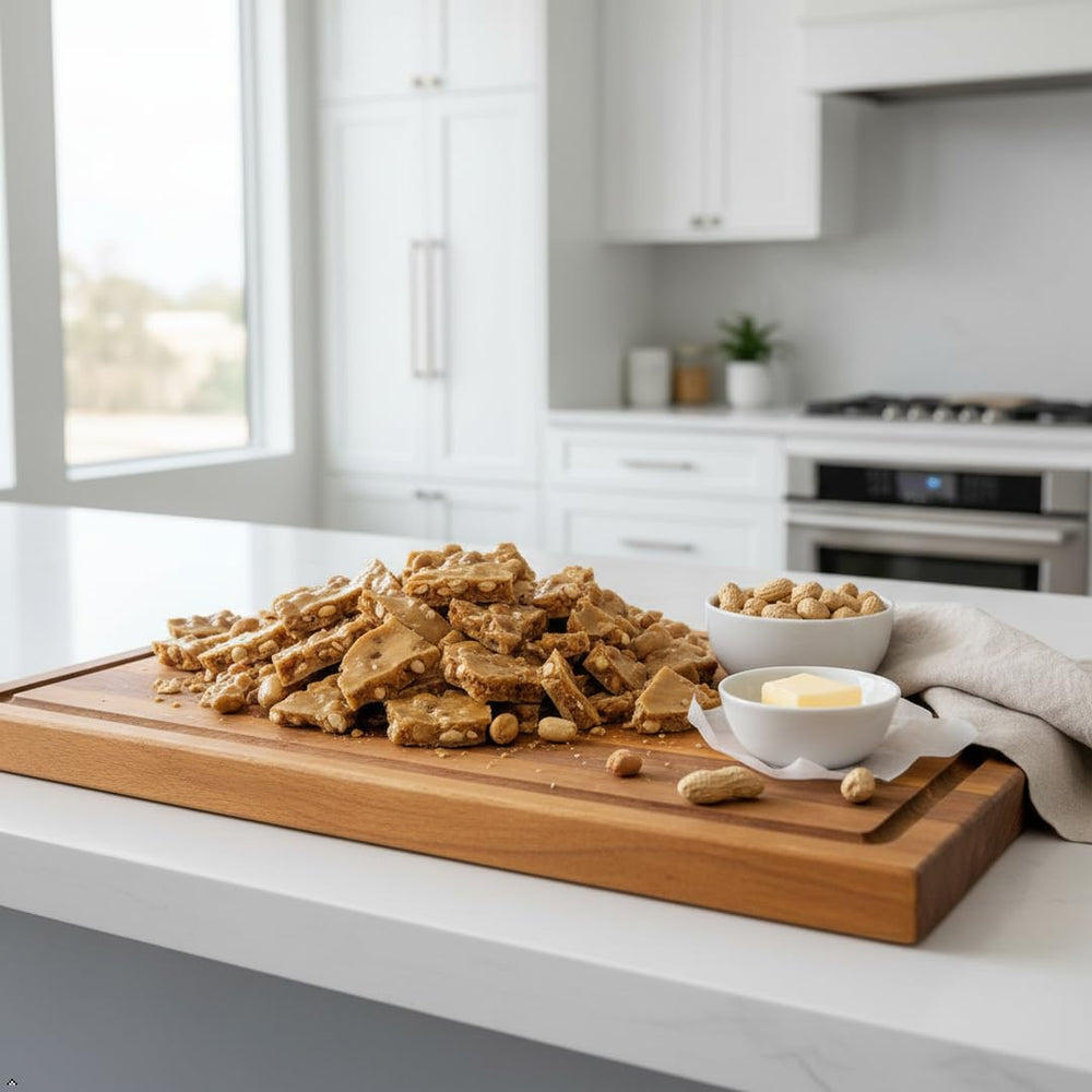 Granny's Confections brittle slice close-up shows glossy caramel and peanuts for versatile snacking.
