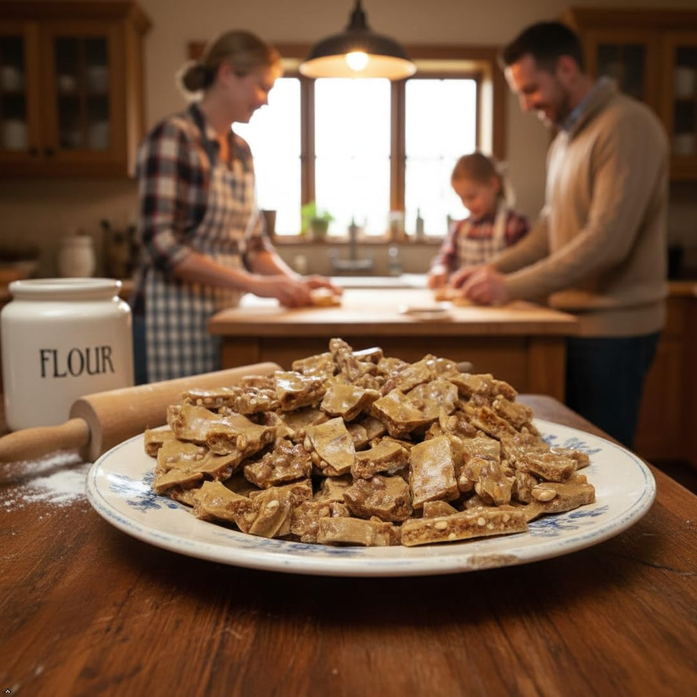 Granny's Confections gluten-free label on brittle packaging suitable for gluten-sensitive guests.
