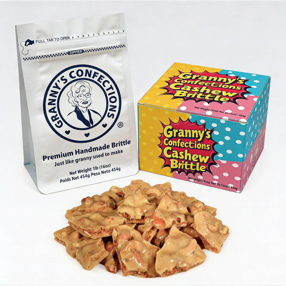 Granny's Confections Old-Fashioned Cashew Brittle close-up showing rich cashews and buttery crunch.