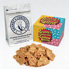 Granny's Confections Old-Fashioned Cashew Brittle close-up showing rich cashews and buttery crunch.