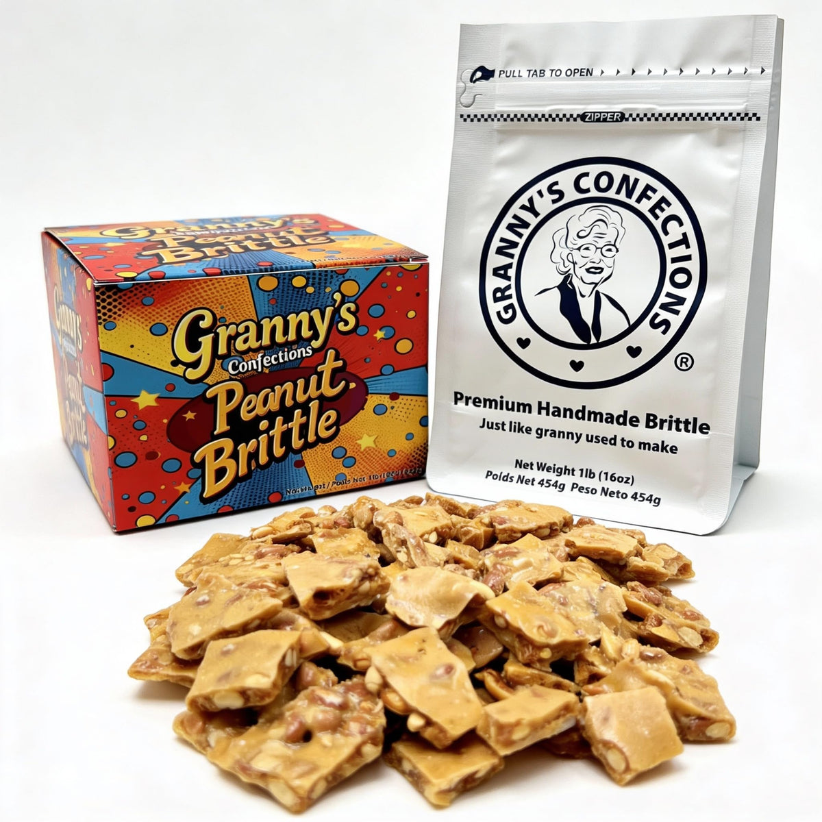 Granny's Confections old-fashioned peanut brittle 16oz box with premium peanuts and crunch.