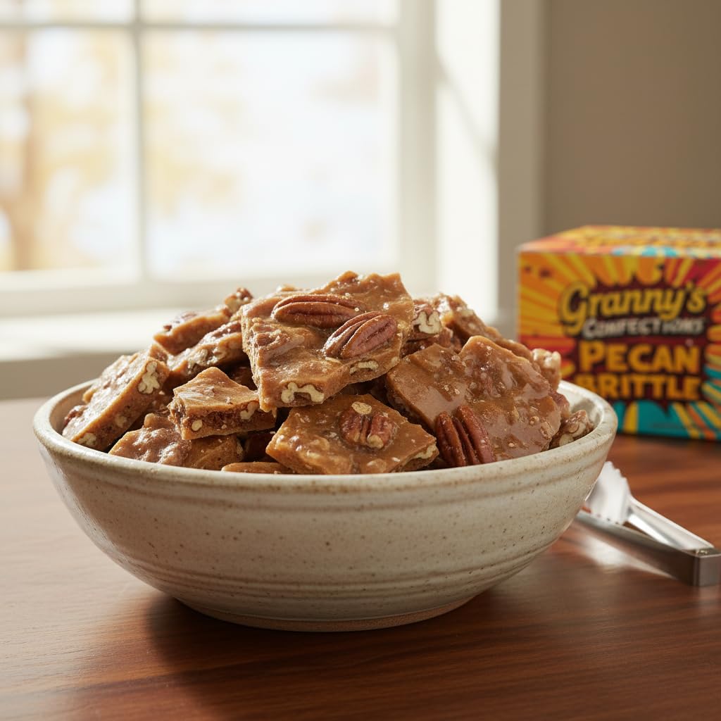 Granny's Confections pecan brittle crisp slices showcasing buttery crunch.