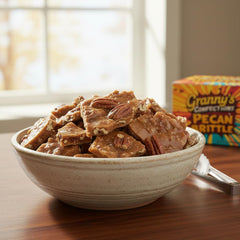 Granny's Confections pecan brittle crisp slices showcasing buttery crunch.