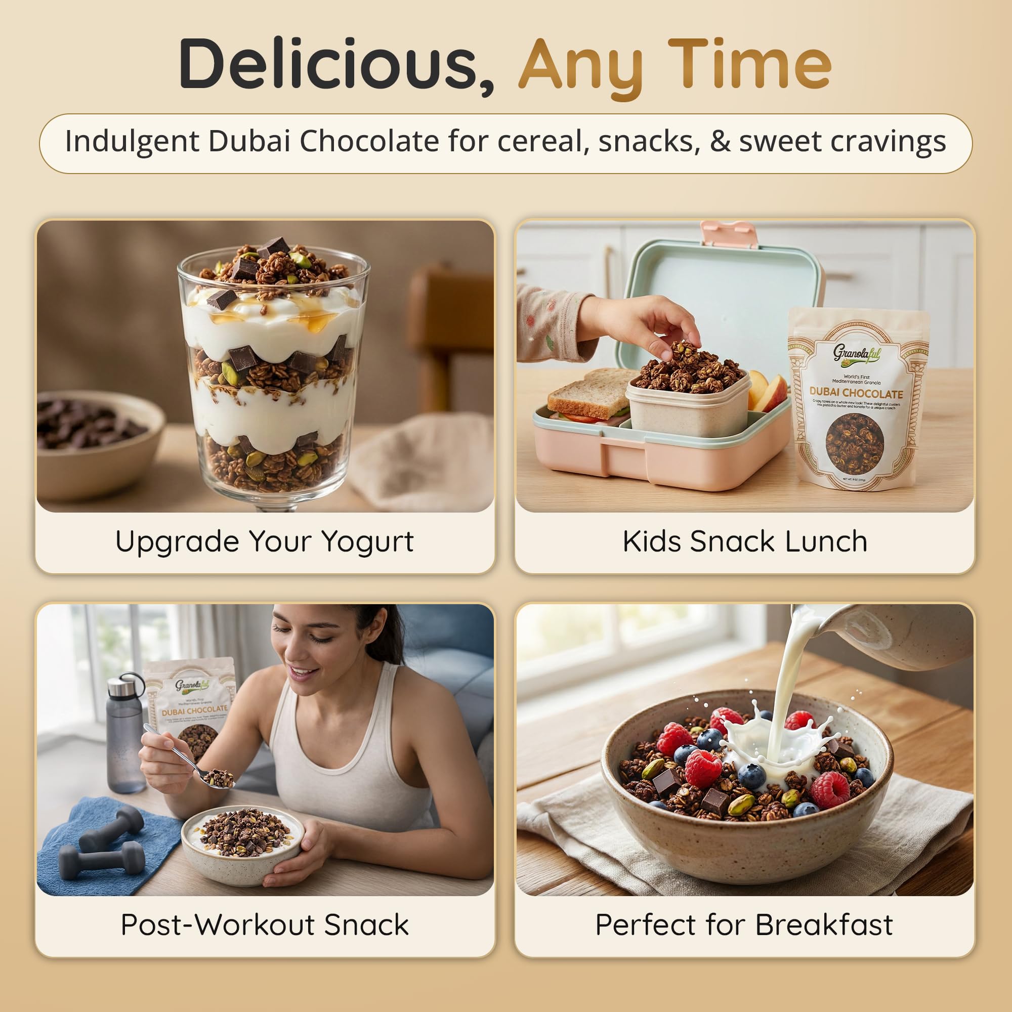 Breakfast bowl with Granolaful Dubai Chocolate Cereal