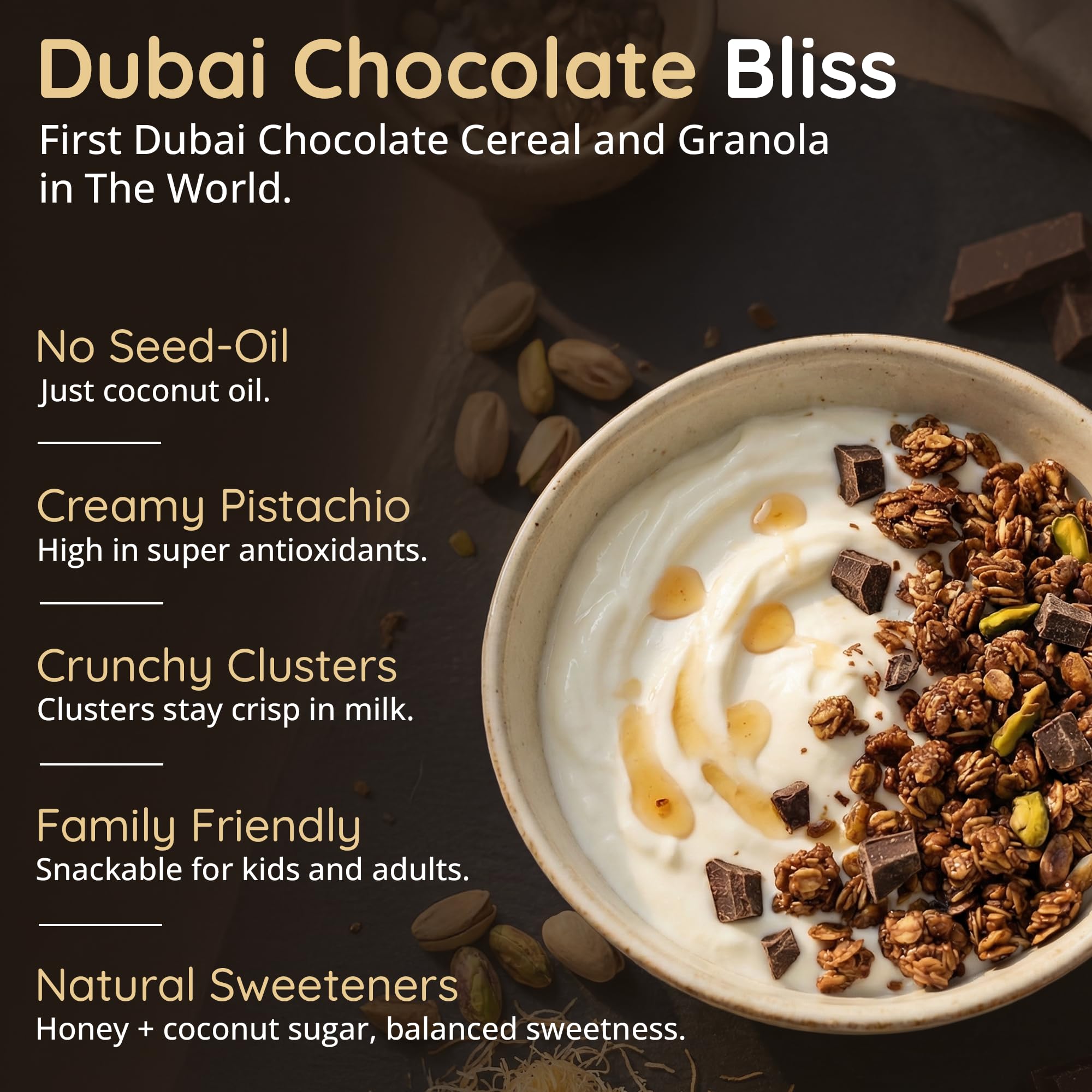 Granolaful Dubai Chocolate Cereal with yogurt for breakfast