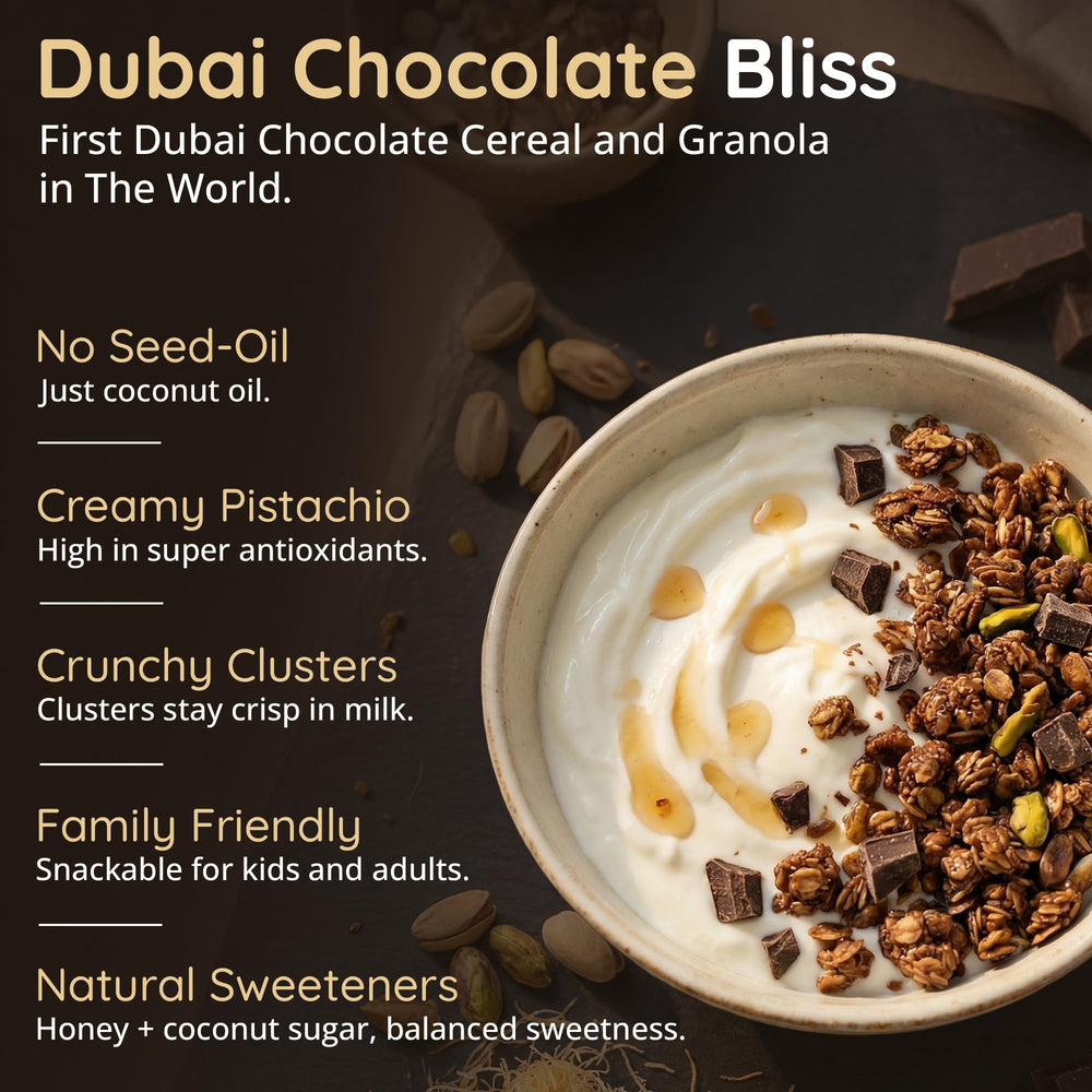 Granolaful Dubai Chocolate Cereal with yogurt for breakfast