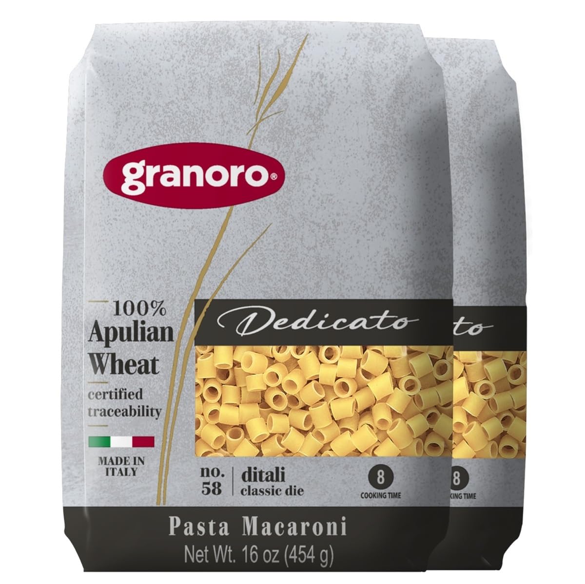 Granoro Dedicato Ditali Lisci #58 front view, 1 lb bag ideal for al dente pasta nights.