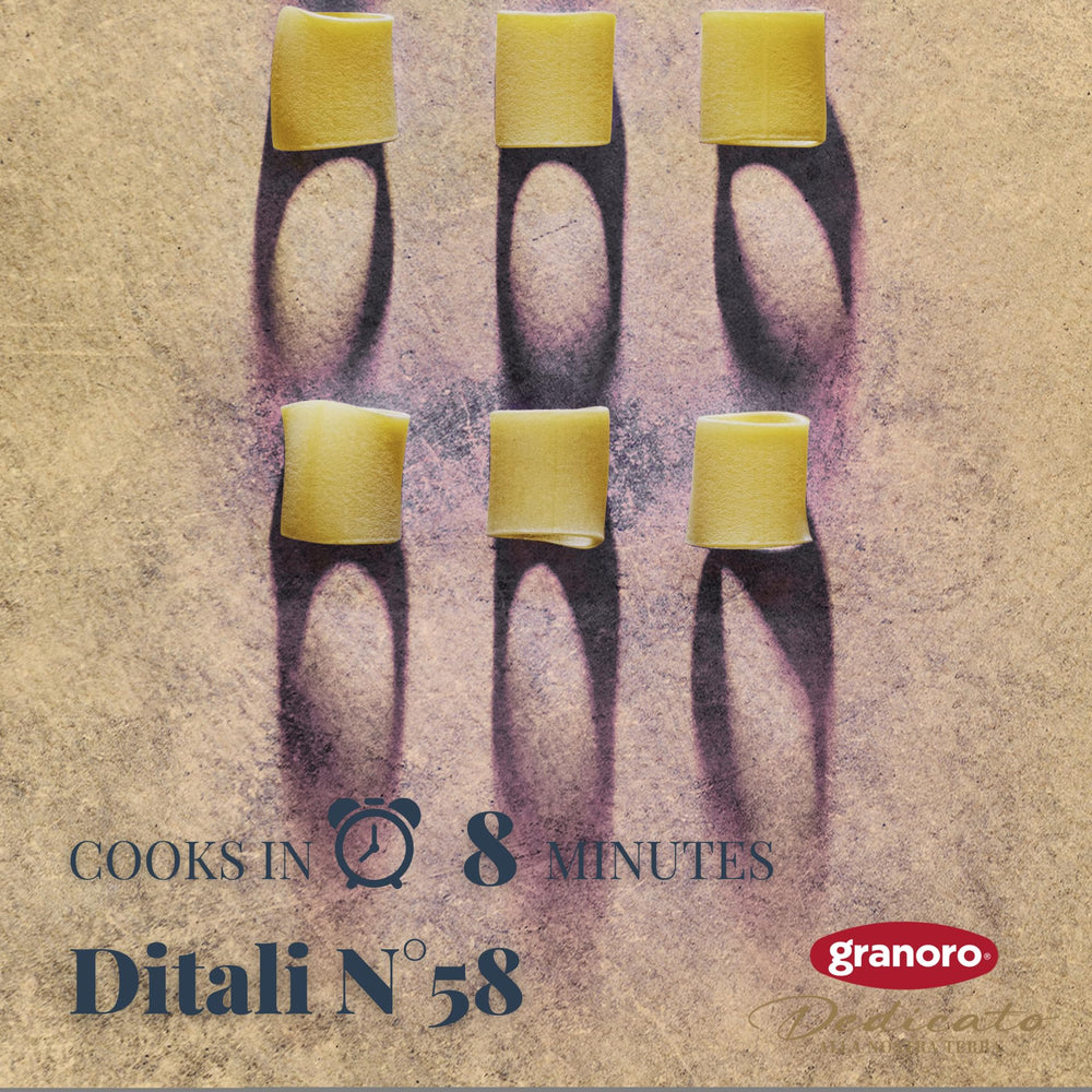Granoro Dedicato Ditali Lisci #58 side view, highlighting Italian origin and traceable quality.