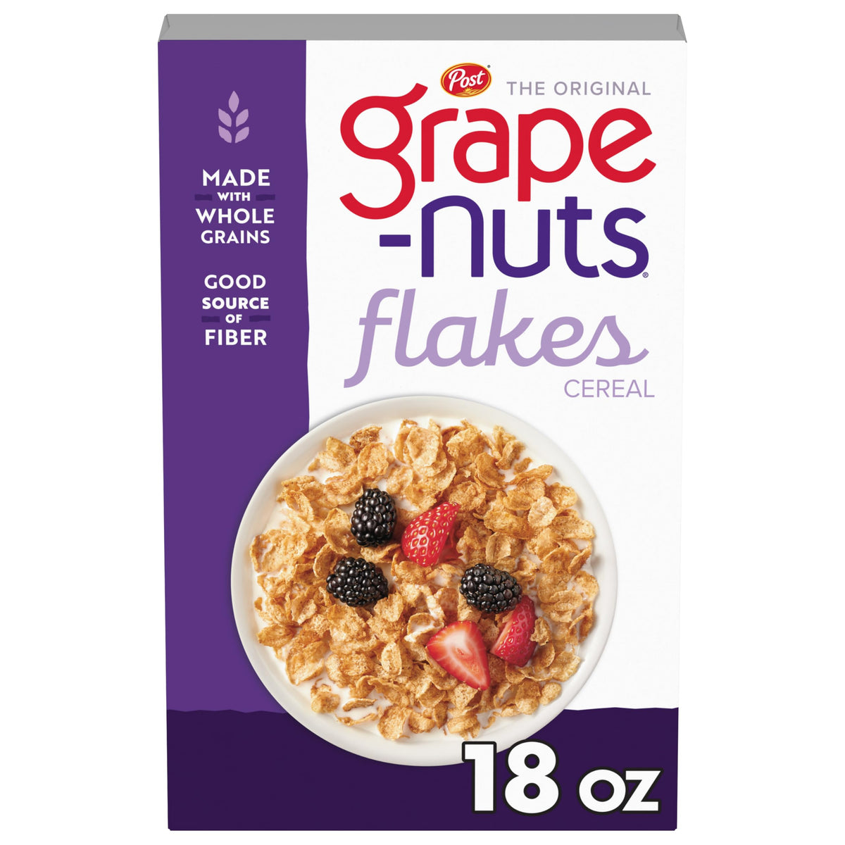 Grape-Nuts Flakes box front showing 18 oz packaging and whole grain nutrition.
