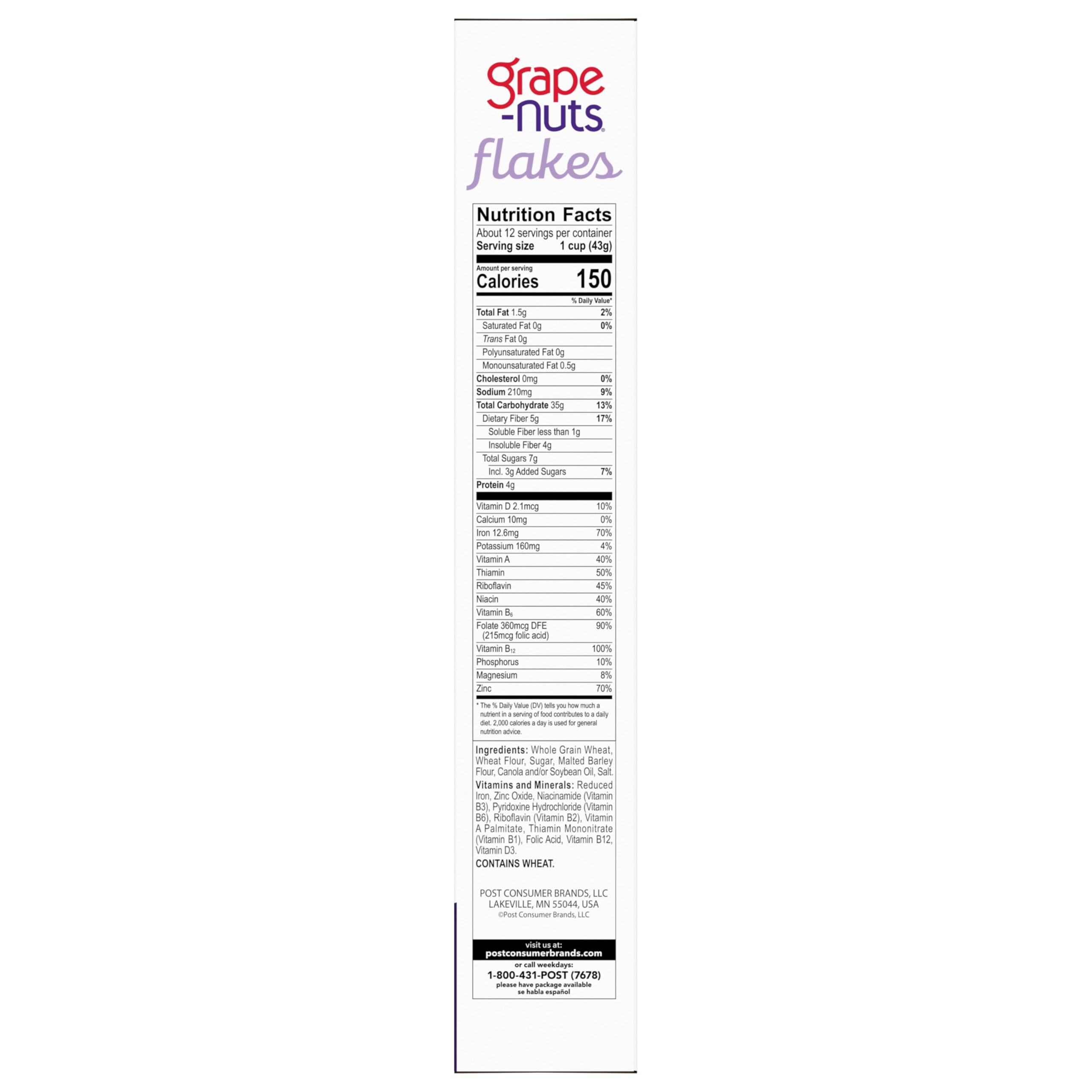 Grape-Nuts Flakes nutrition panel highlighting iron and folate content.