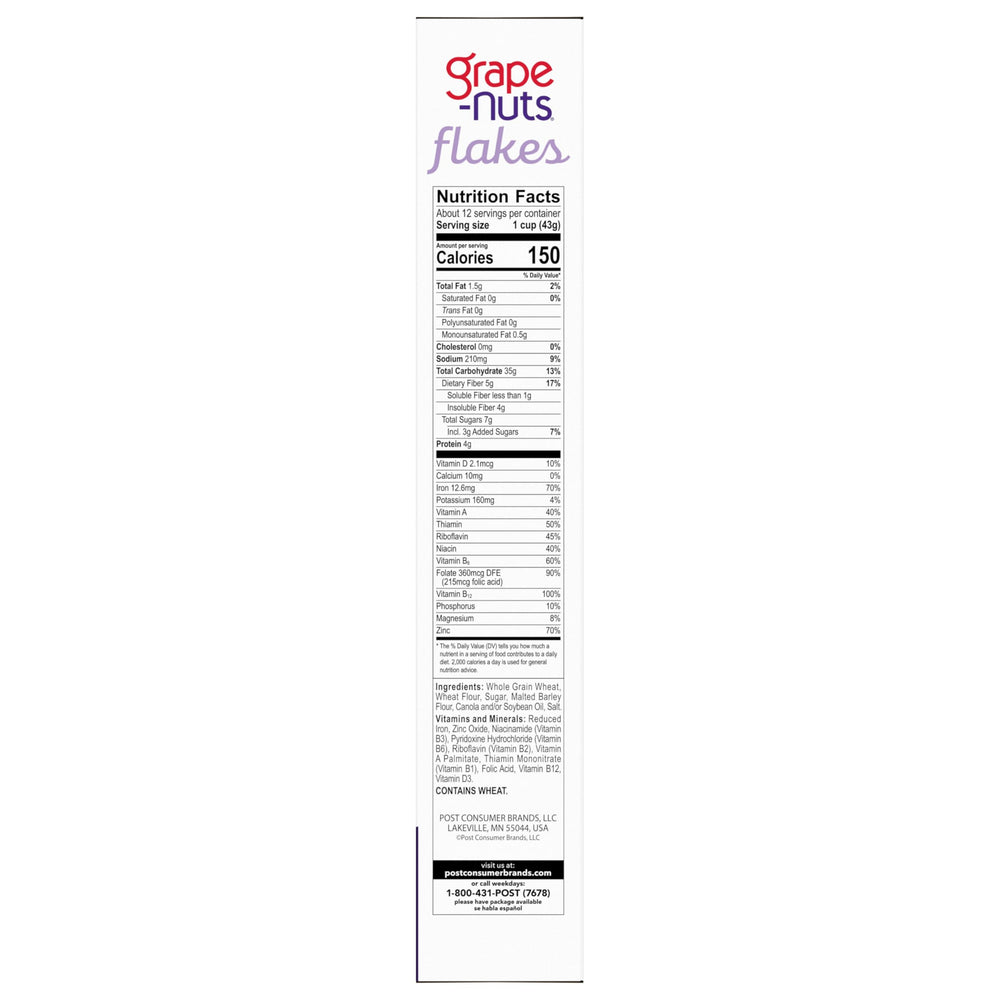 Grape-Nuts Flakes nutrition panel highlighting iron and folate content.