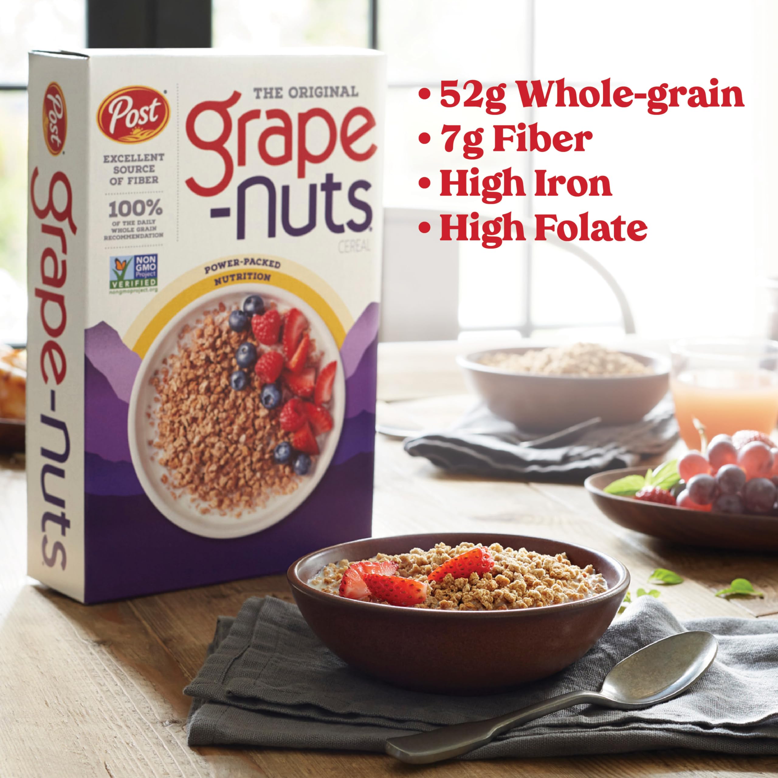 Grape-Nuts Original Non-GMO verified crunch supports daily fiber intake.