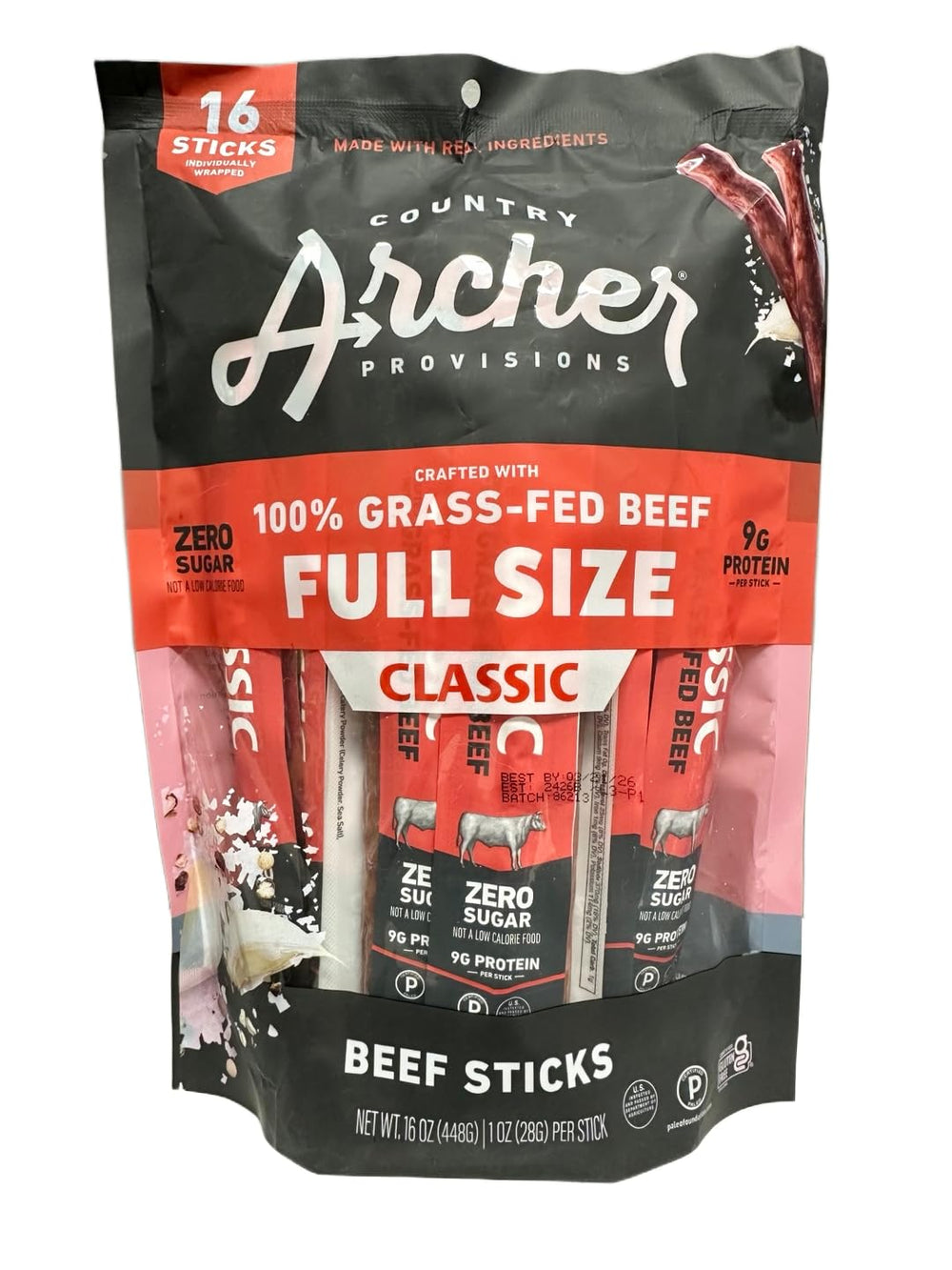 Grass-Fed Beef Sticks Classic packaging highlight, convenient snack on the go