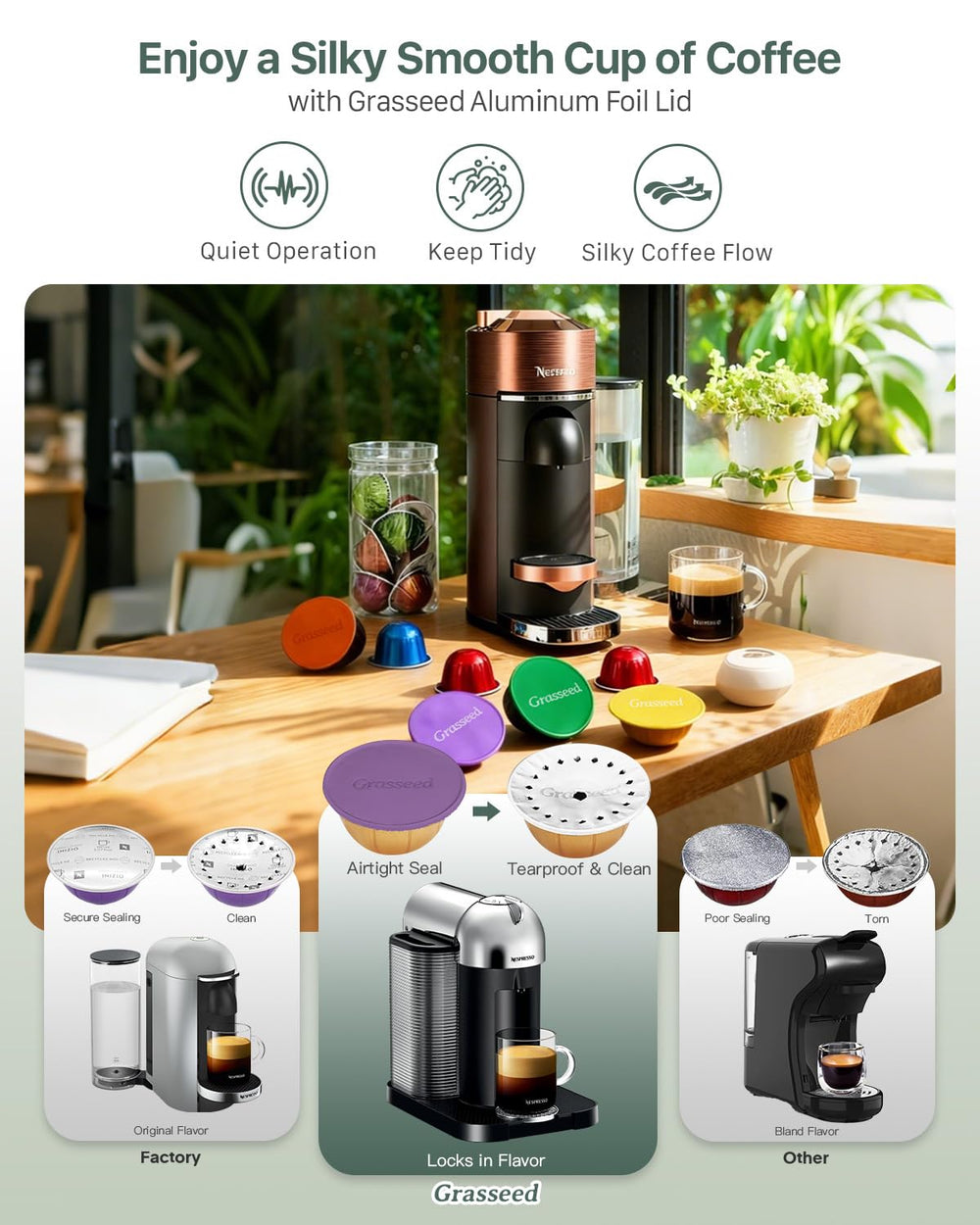 Create custom flavors, including tea or cocoa, with Grasseed lids.