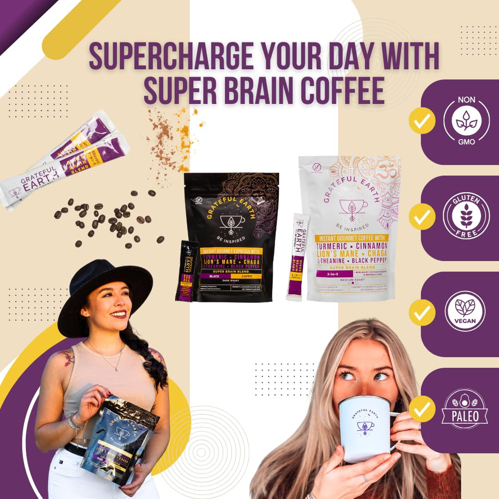 Chaga-boosted blend adds a natural immune-support vibe in Grateful Earth Mushroom Coffee.