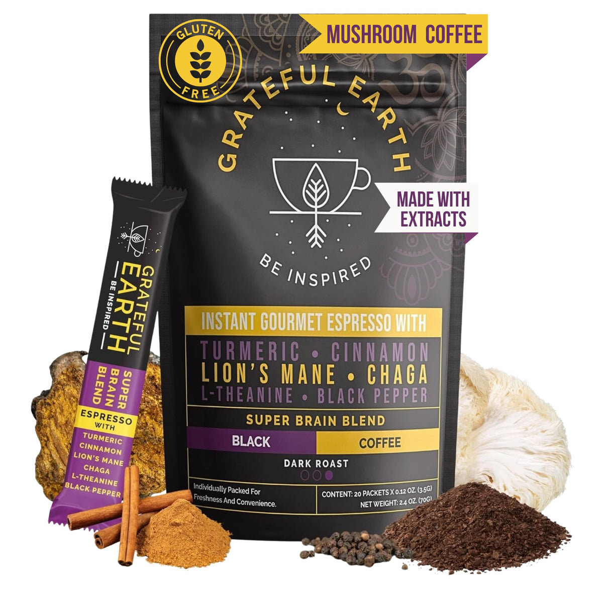 Grateful Earth Mushroom Coffee dark roast aroma supports clear mornings and rich flavor.
