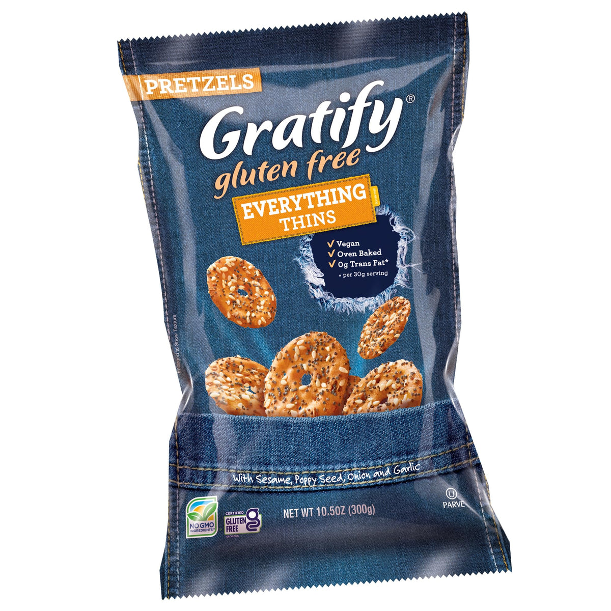 Gratify Gluten Free Everything Thins crisps with savory seasoning for on-the-go snacking.