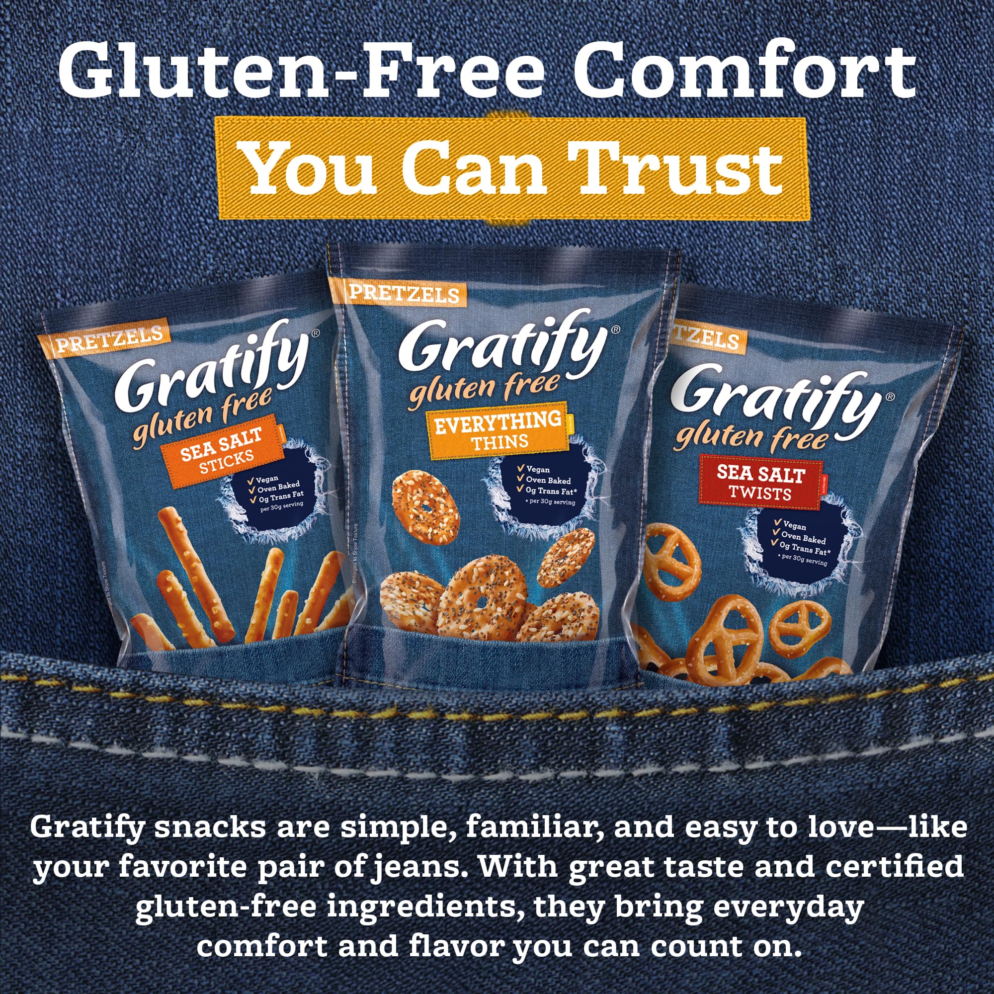 Gratify ten-point-five-oz bag suitable for pantry or travel snacking.