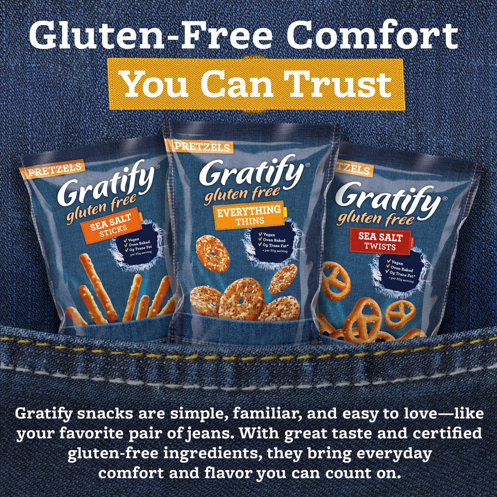 Gratify ten-point-five-oz bag suitable for pantry or travel snacking.