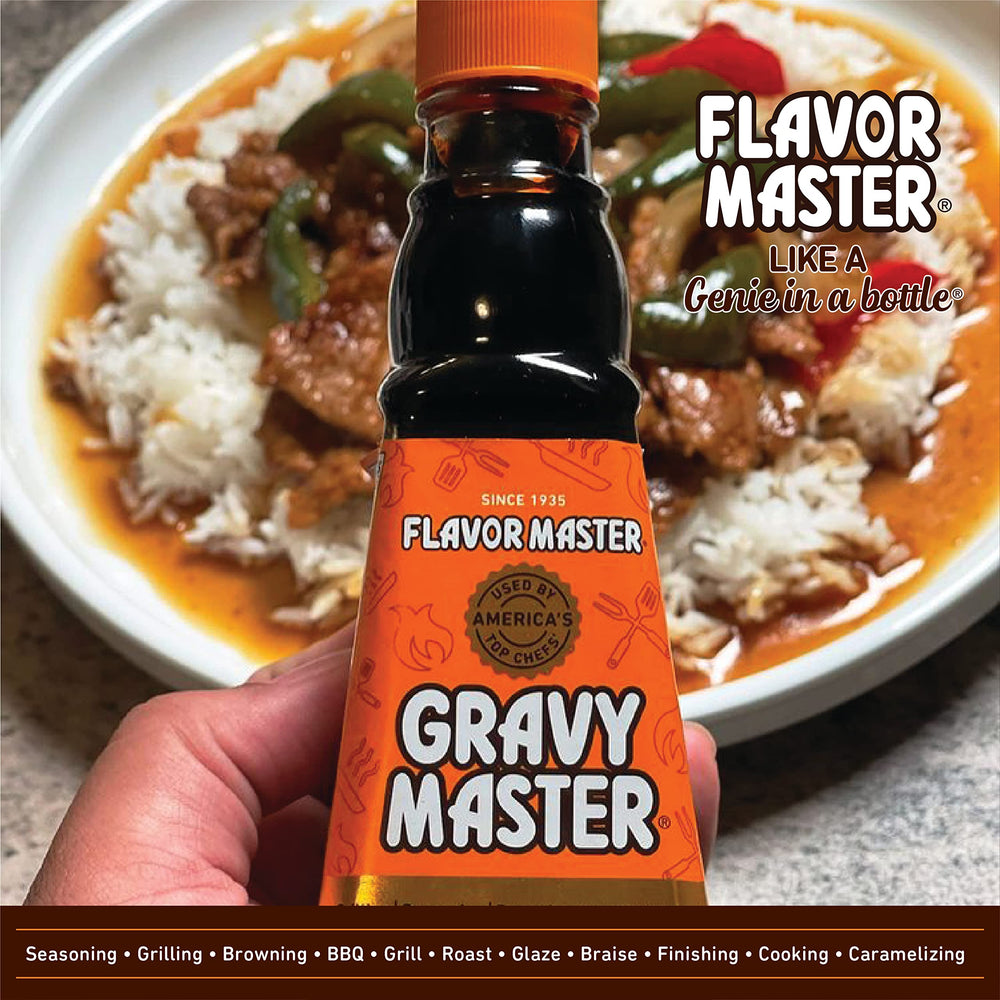 Gravy Master browning sauce sizzling for rich color and caramelization