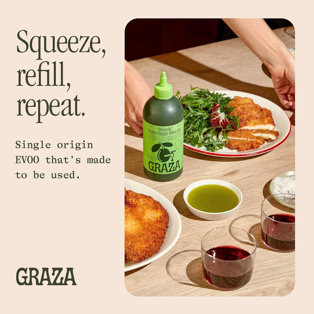 Final finishing drizzle of Graza Drizzle on a dish