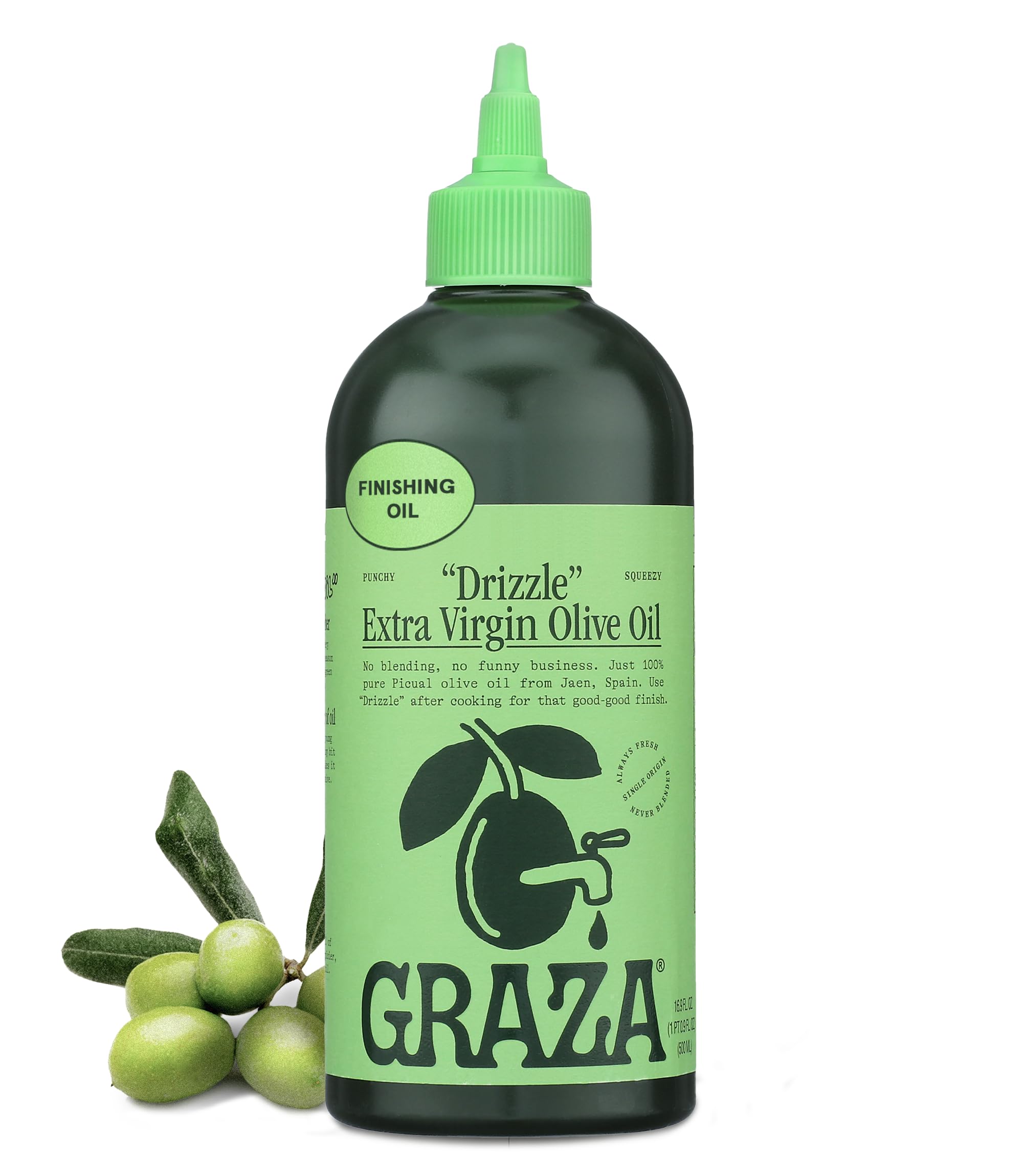 Graza Drizzle olive oil bottle displaying bold finishing flavor