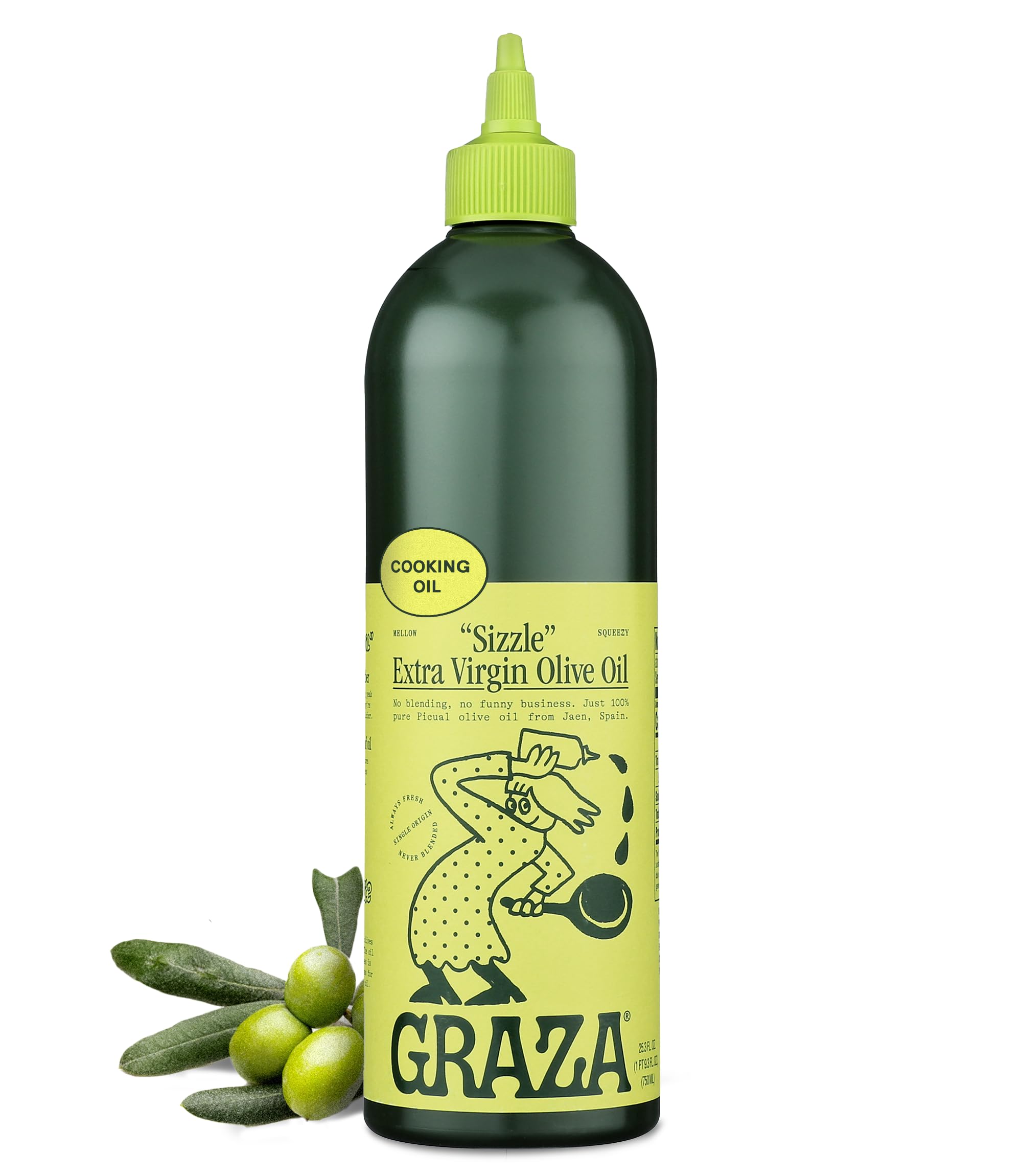 Graza Sizzle bottle front view, mellow flavor suited for high heat cooking.