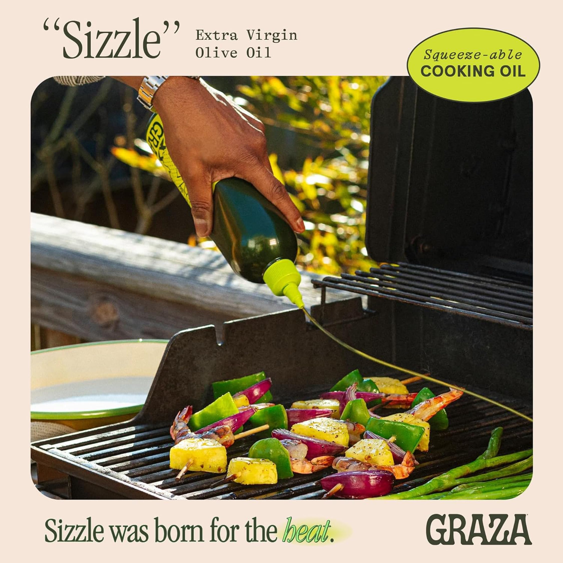 Graza Sizzle label closeup highlighting single origin olives for versatile cooking.
