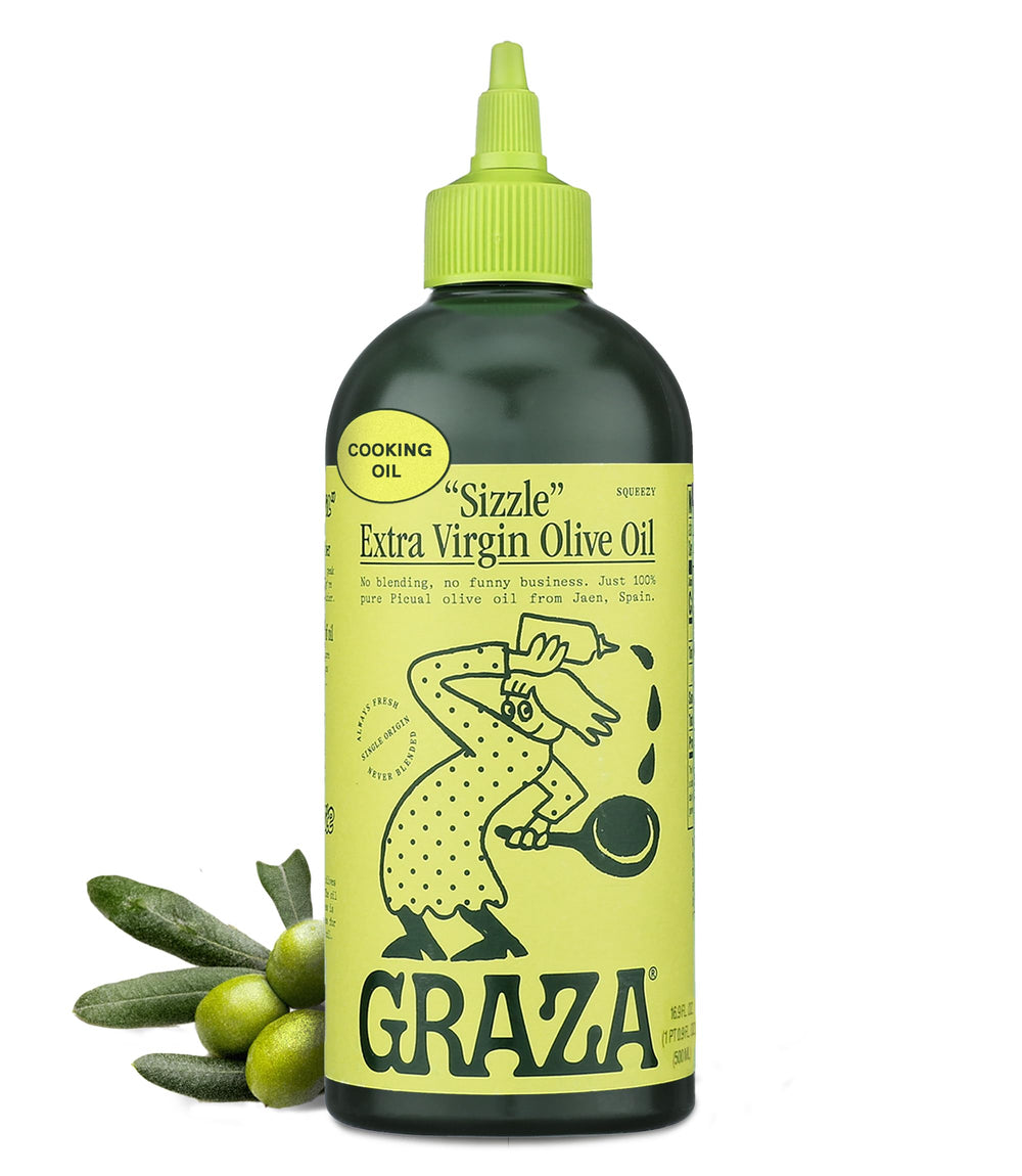 Graza Sizzle olive oil bottle with pour-spout for easy daily use