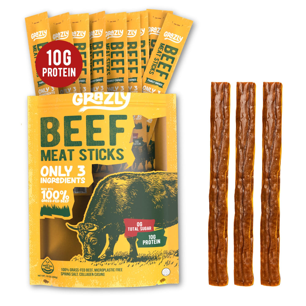 Grazly Grass-Fed Beef Sticks pack with 10 sticks for convenient high-protein snacking.