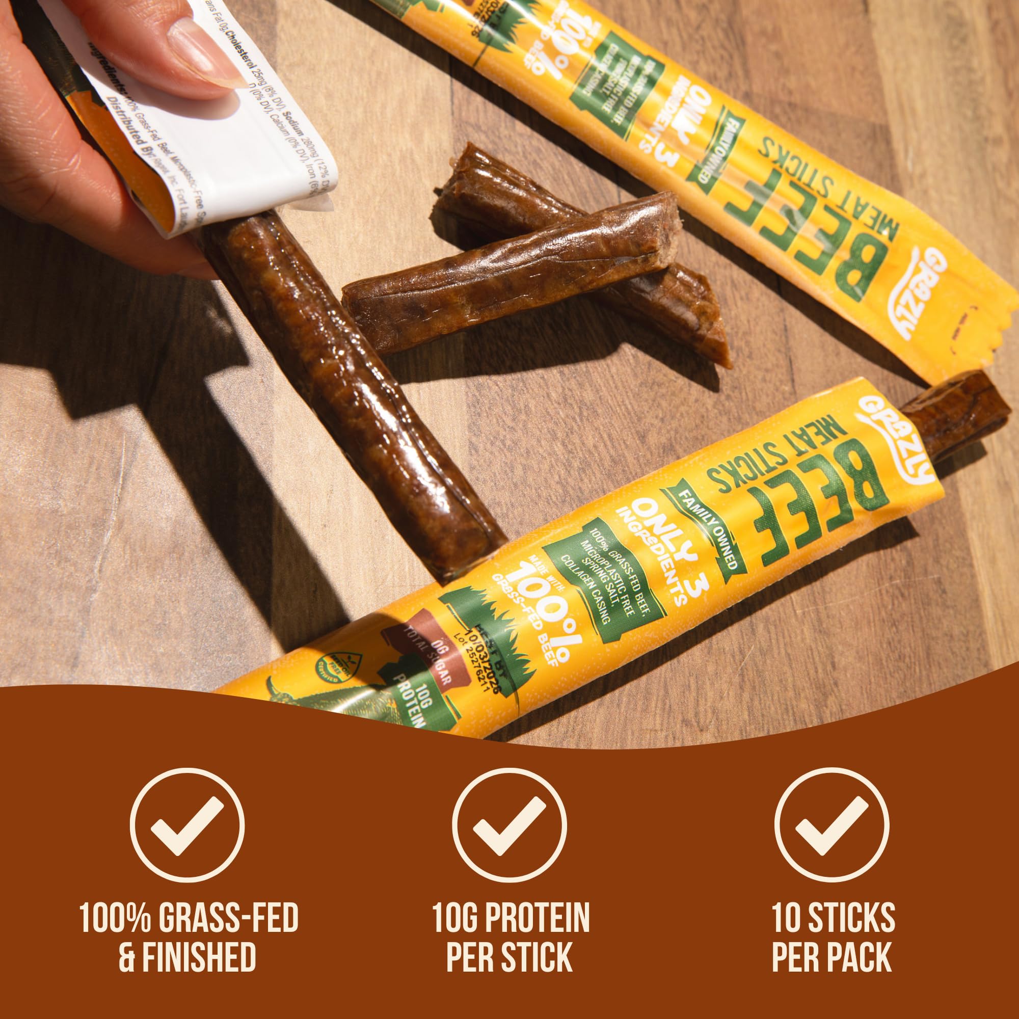 Nutrient-dense Grazly beef sticks highlighting B-vitamins and minerals in a savory bite.