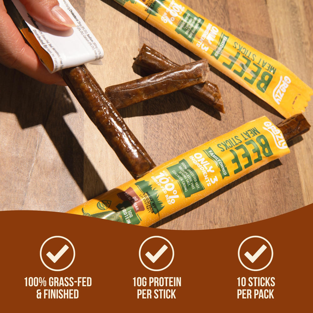 Nutrient-dense Grazly beef sticks highlighting B-vitamins and minerals in a savory bite.