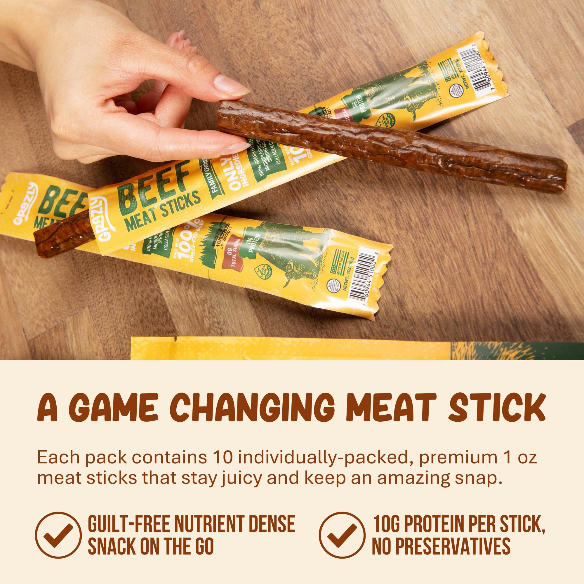 One-ounce Grazly beef stick individually wrapped for easy travel snacks.