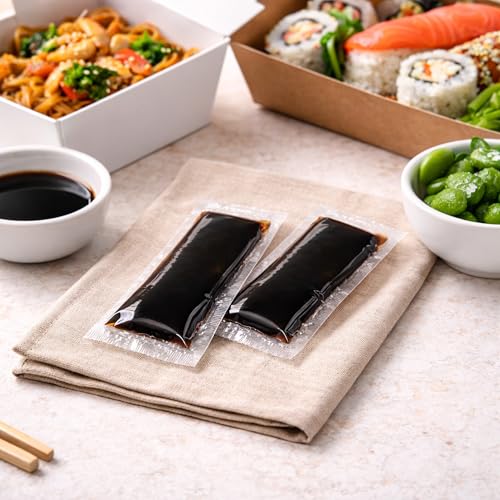Great Credentials Panda Soy Sauce Packets meal setup showing sauce packets paired with lunch.