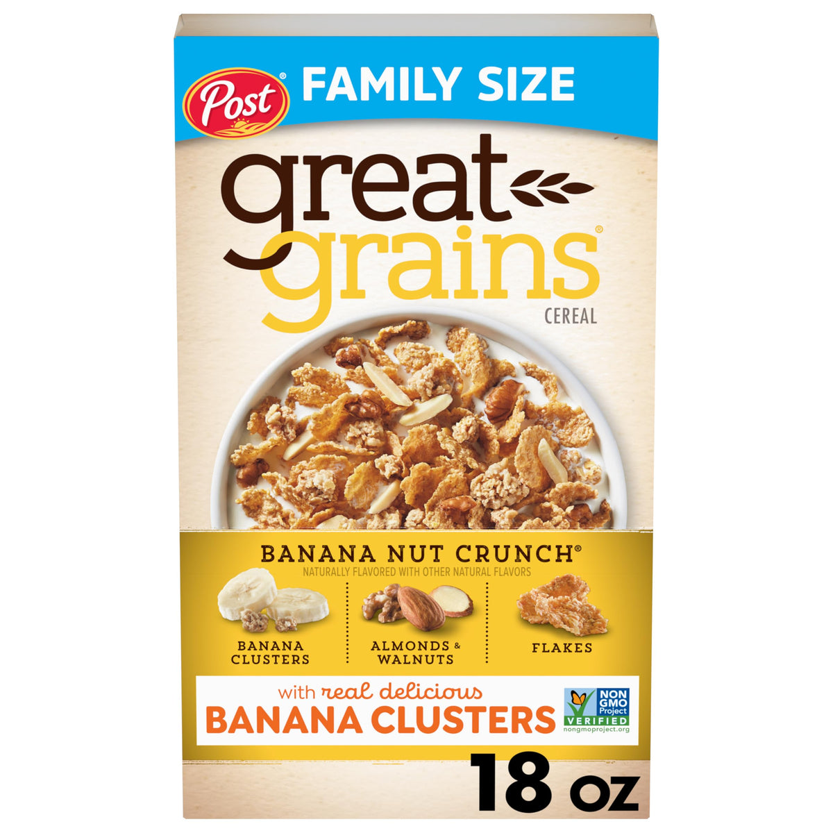 The Great Grains Banana Nut Crunch cereal box front highlights whole grains for energy.
