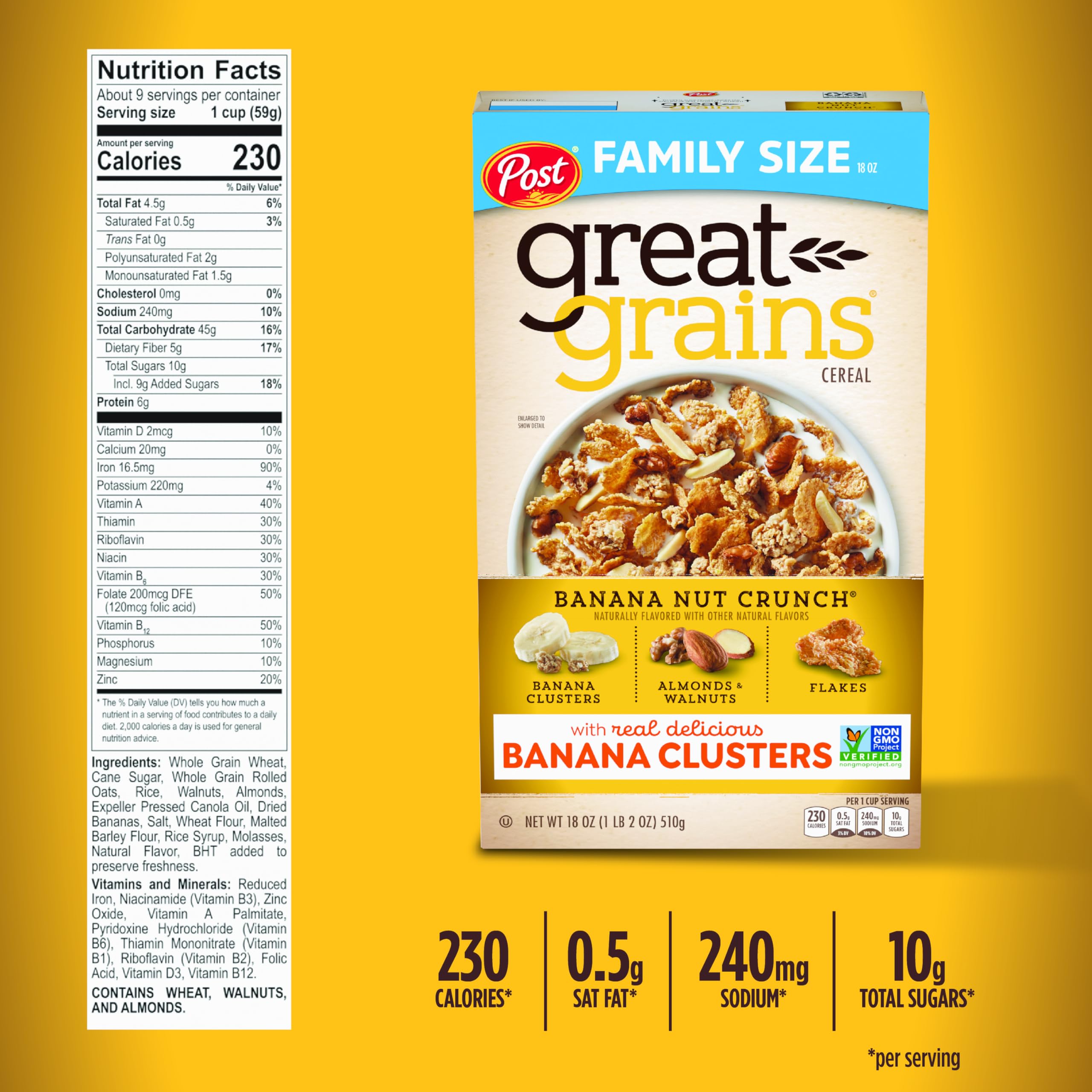 Great Grains Banana Nut Crunch packaging highlighting non-GMO verification