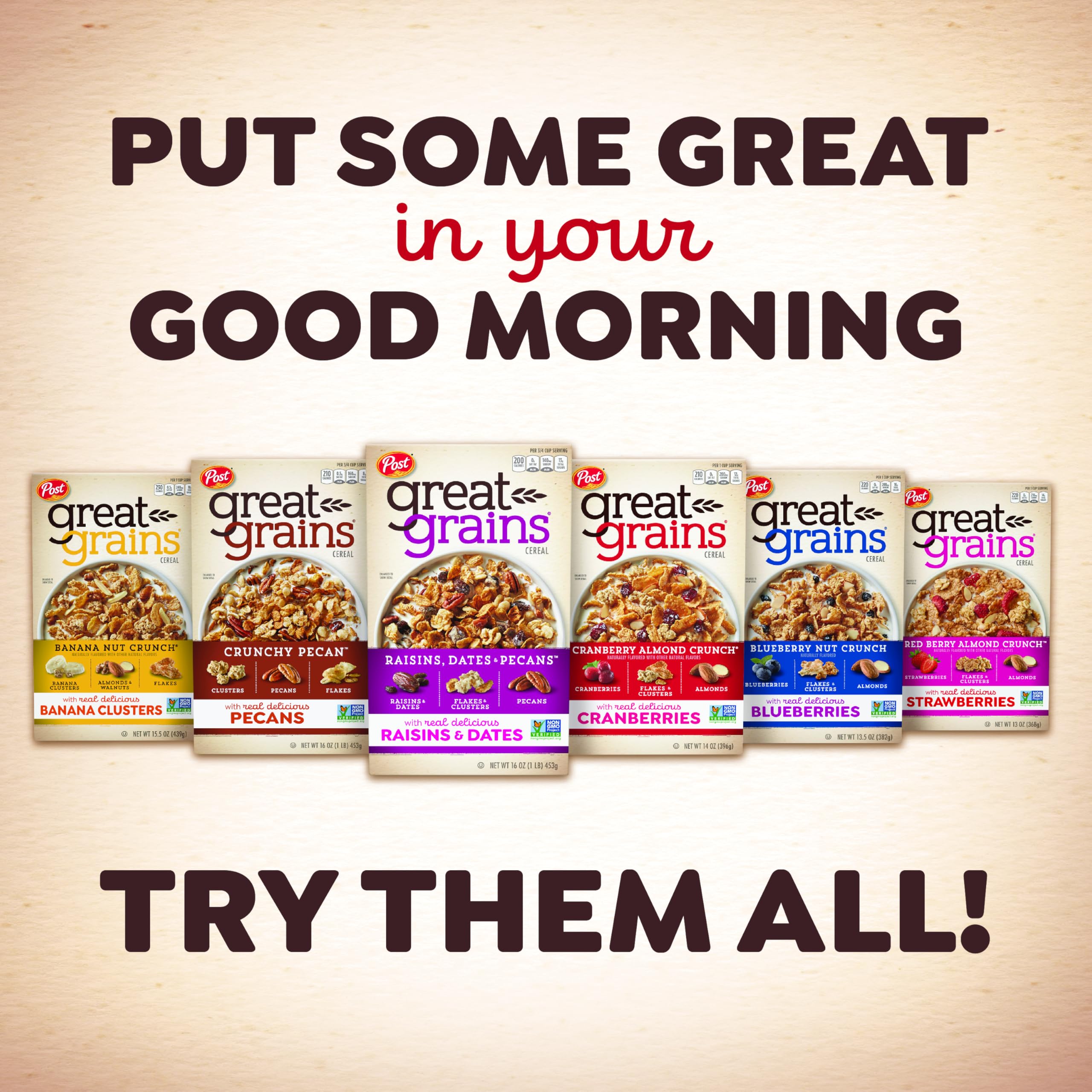 Great Grains cereal with milk creates a classic, hearty morning bowl.
