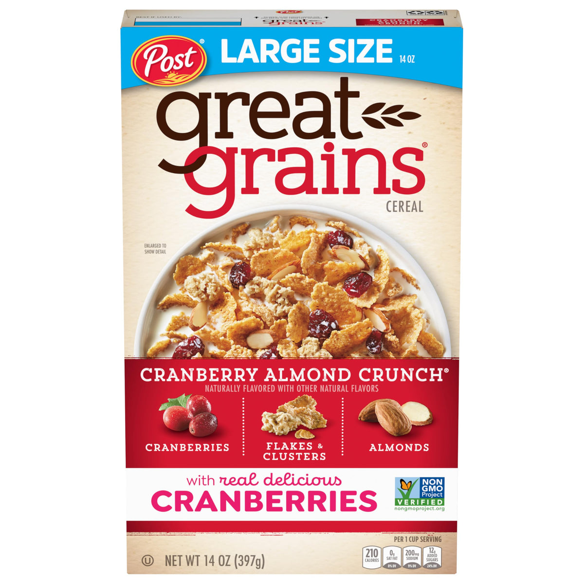 Great Grains Cranberry Almond Crunch cereal bowl with whole grains and real cranberries.