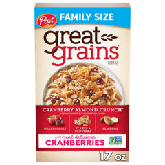 Great Grains Cranberry Almond Crunch cereal box with whole grains and cranberries for energy