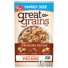 Great Grains Crunchy Pecans cereal box on counter, wholesome breakfast option