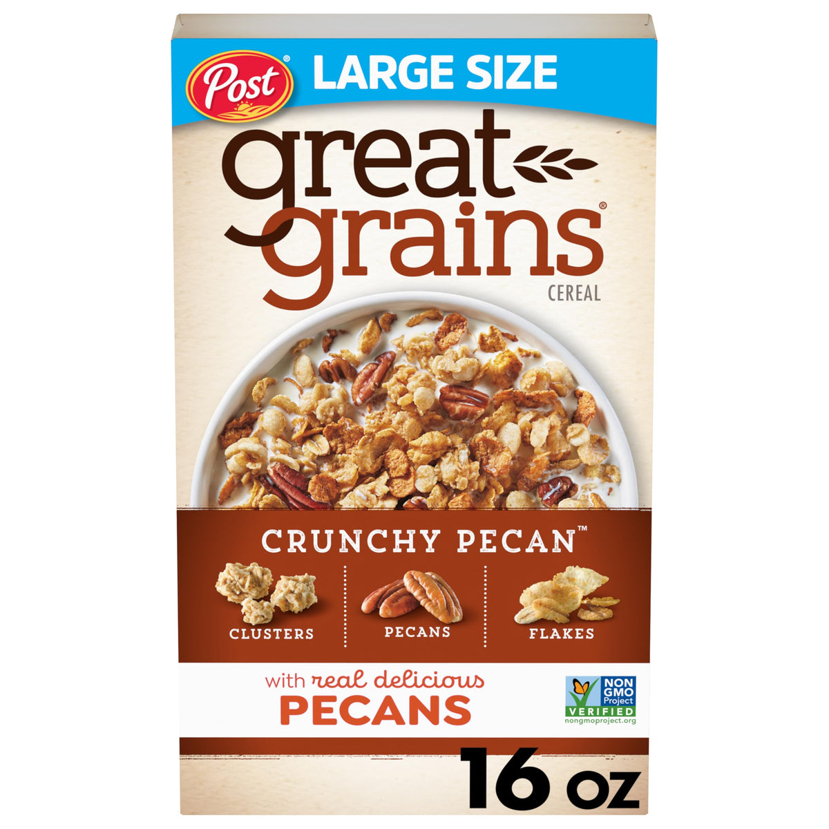 Great Grains Crunchy Pecans cereal box showing whole grains and nuts for a wholesome breakfast.