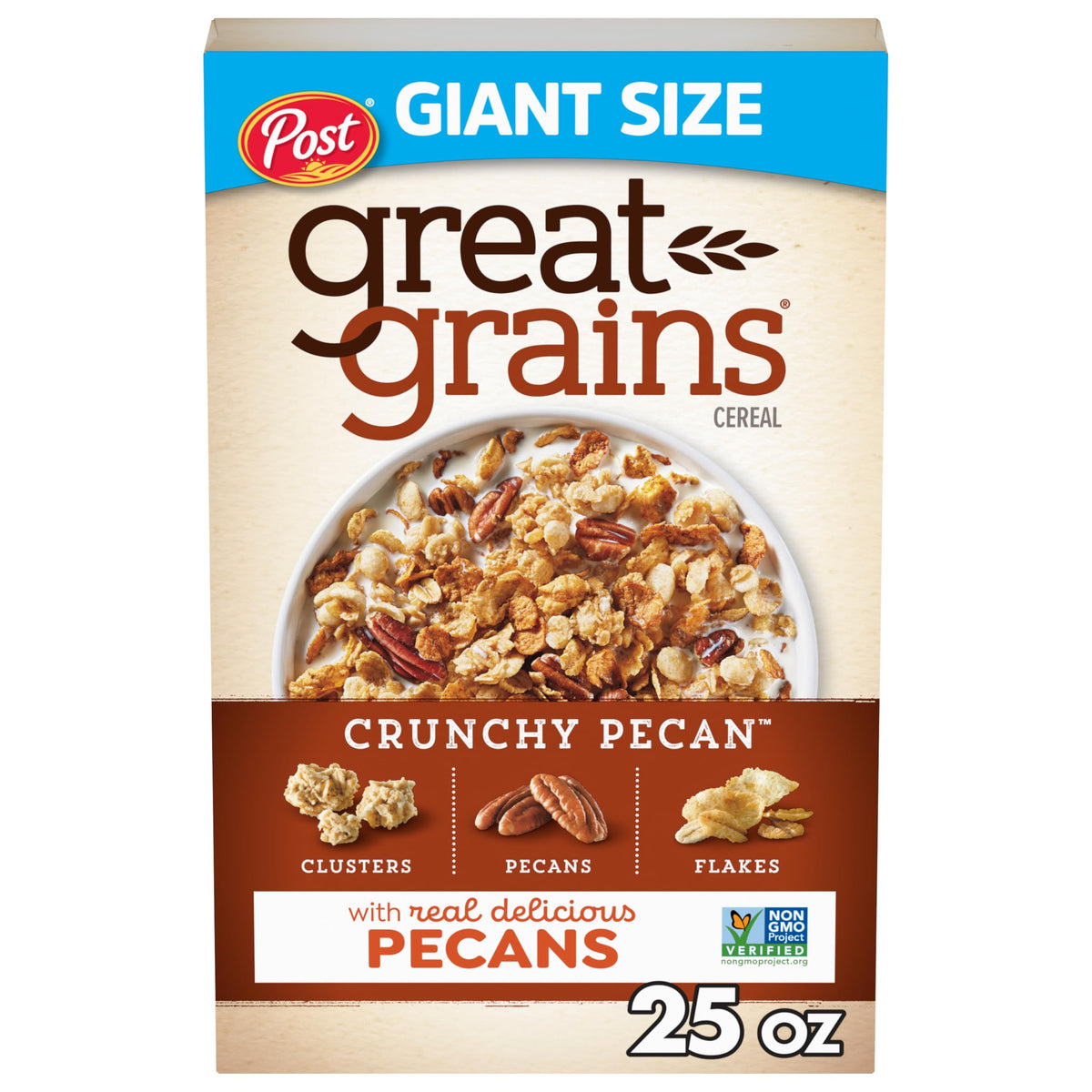 Great Grains Crunchy Pecans cereal box highlights whole grains for energized mornings.