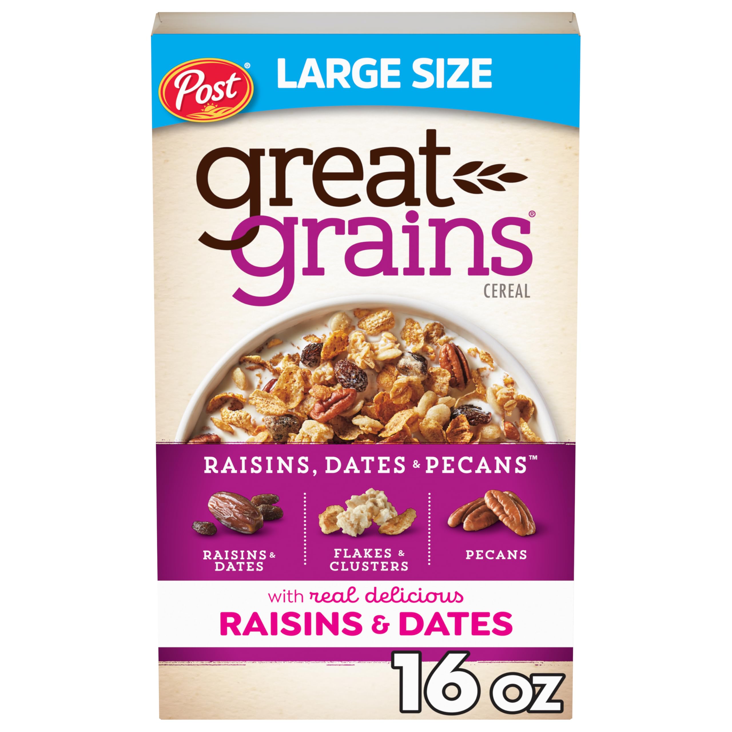 Great Grains Raisins, Dates & Pecans box front showcasing wholesome breakfast ingredients