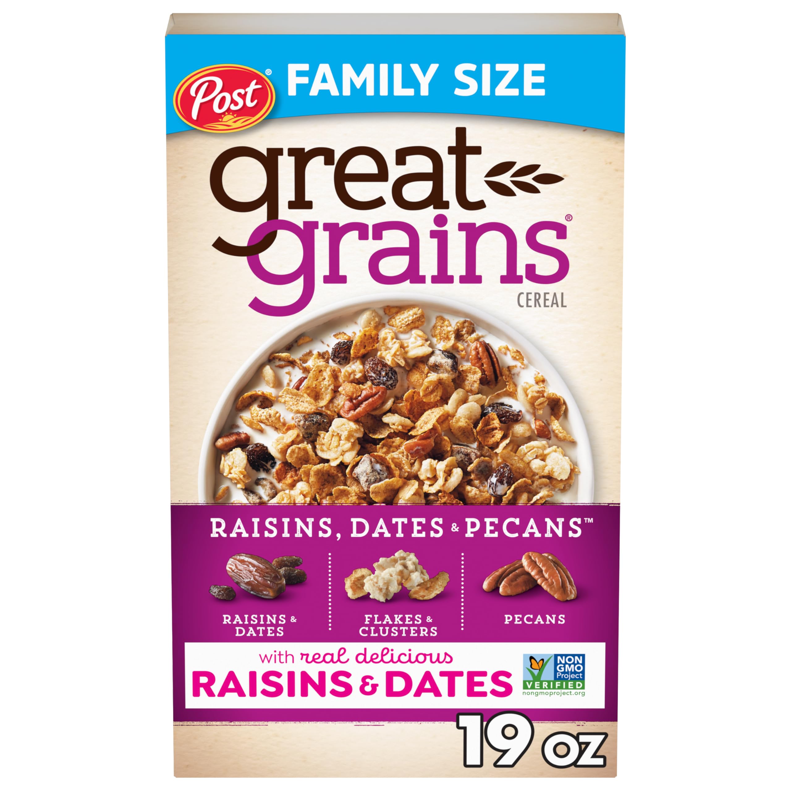 Great Grains Raisins Dates & Pecans cereal in a bowl offers satisfying morning crunch.