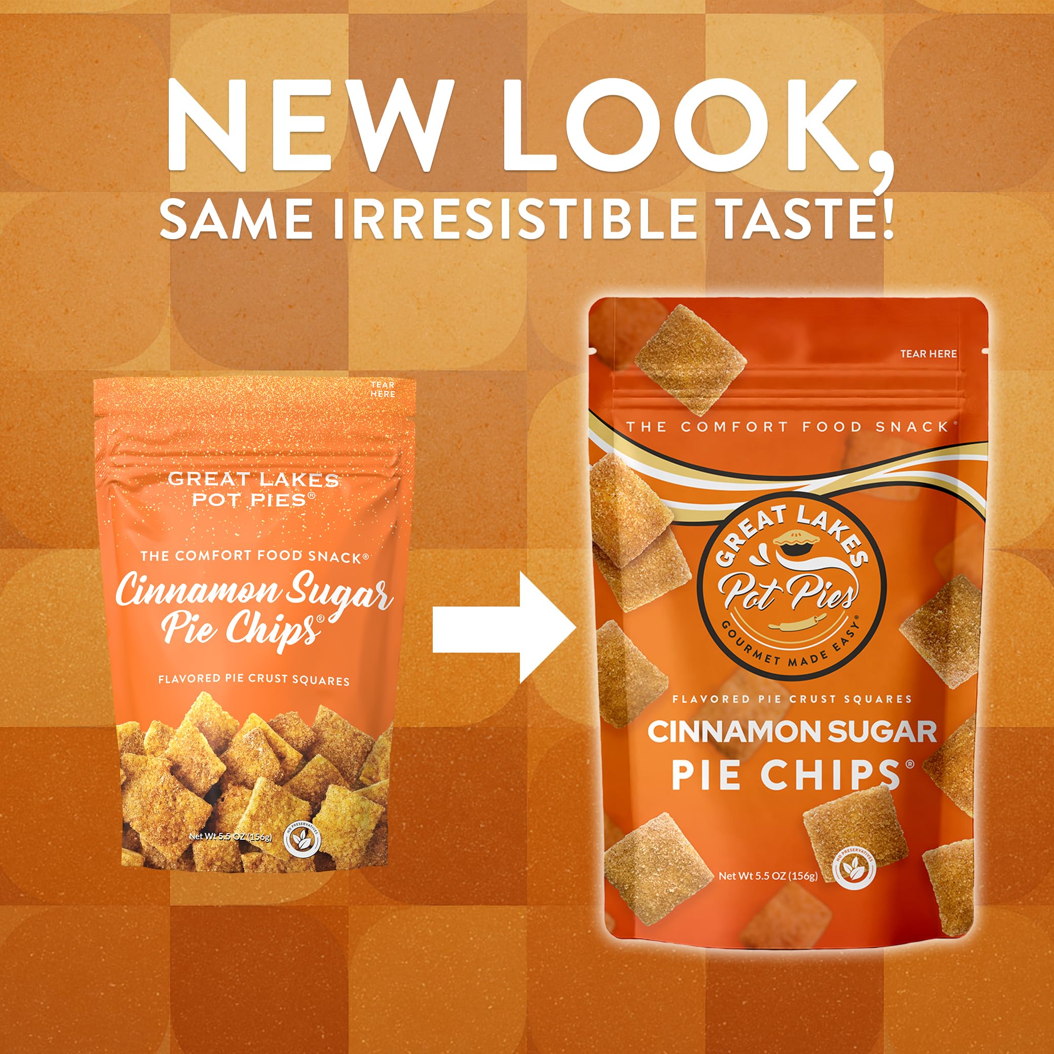 Great Lakes Pot Pies Cinnamon Sugar Pie Chips close-up bites highlight cinnamon sugar crunch