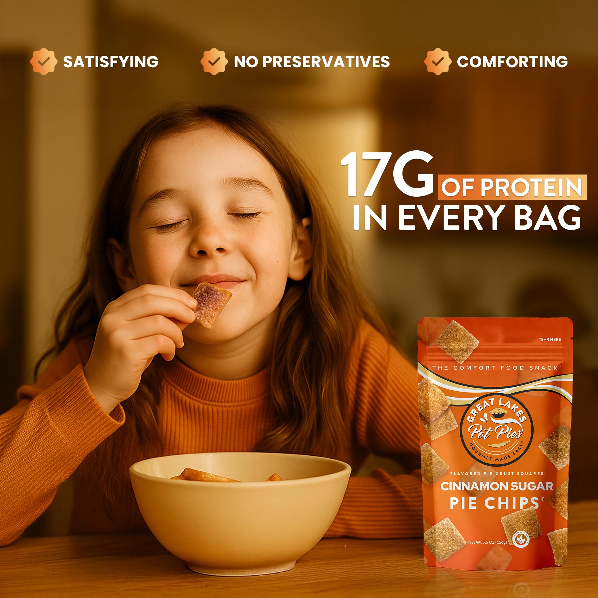 Great Lakes Pot Pies Cinnamon Sugar Pie Chips resealable pouch keeps chips fresh and crunchy