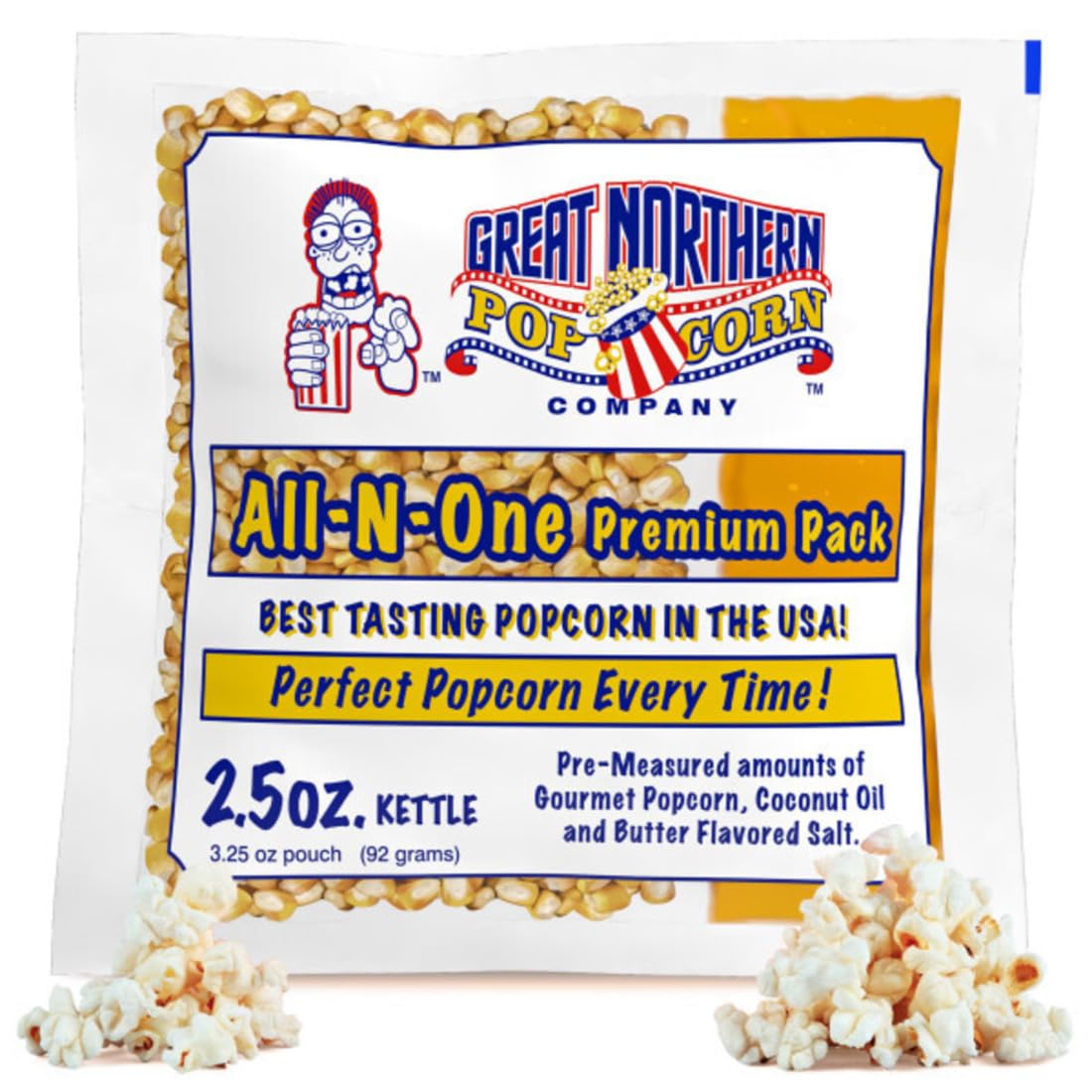 Great Northern Popcorn 2.5oz kernel packs ready for home popping.