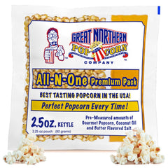 Great Northern Popcorn 2.5oz kernel packs ready for home popping.