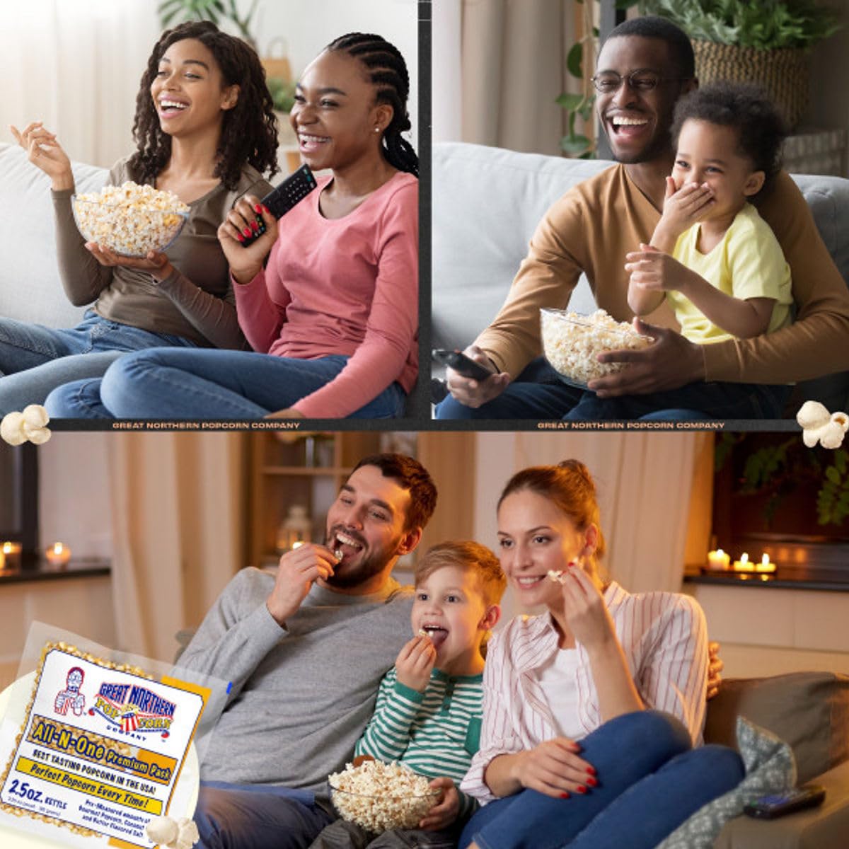 Great Northern Popcorn 3-quarts yield per pack ideal for sharing at gatherings.