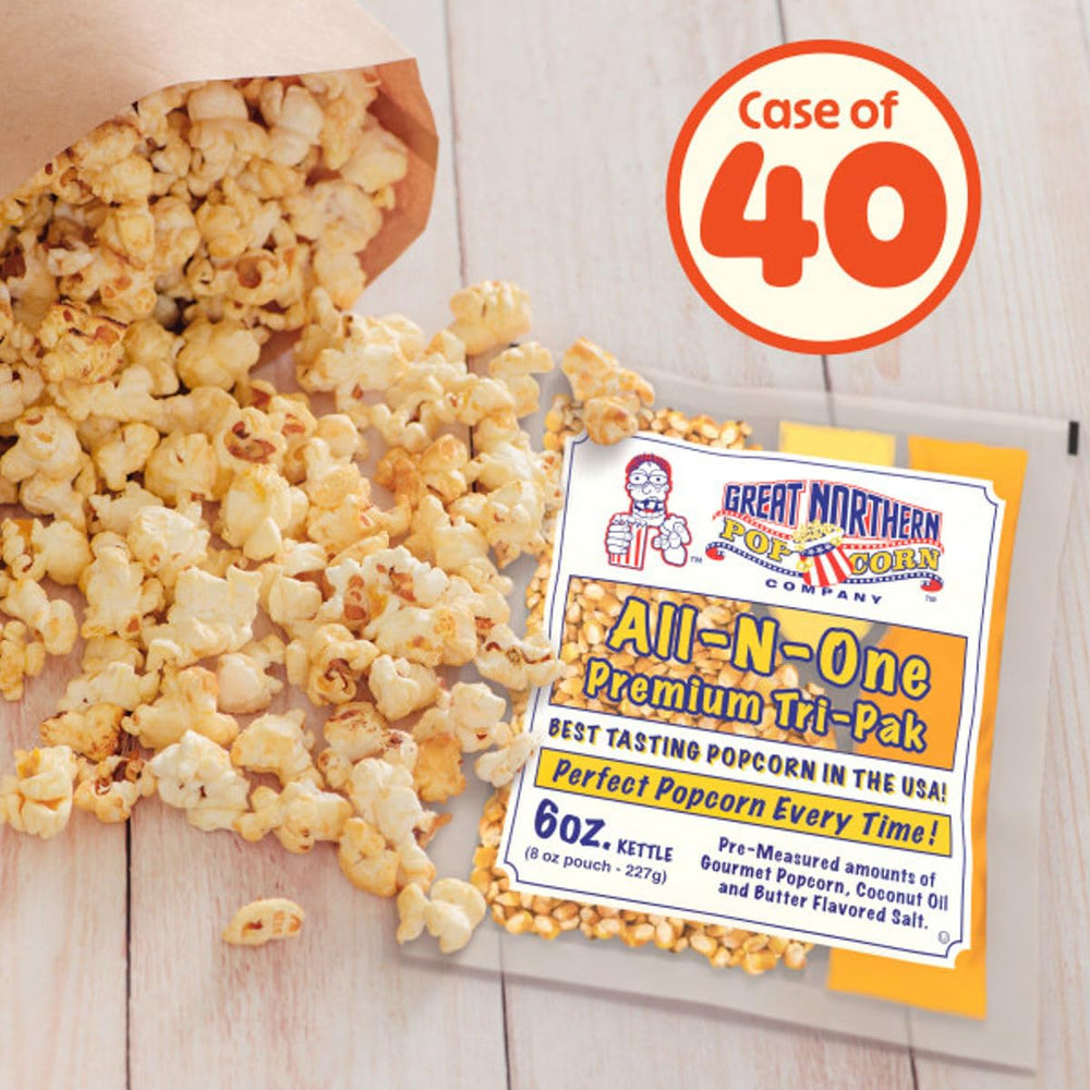 Great Northern Popcorn 6oz coconut oil portion for consistent flavor.